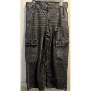 American Eagle Jeans Women 8 Black Wide Leg Baggy Cargo High Rise Denim